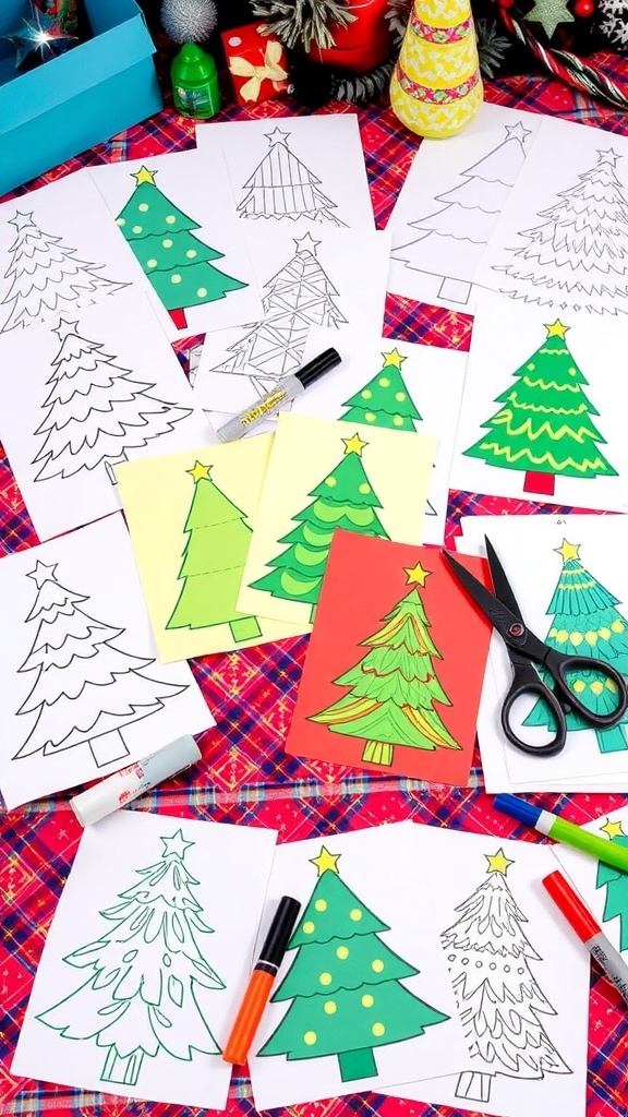 Printable Christmas tree templates in various designs on a festive table with crafting supplies.